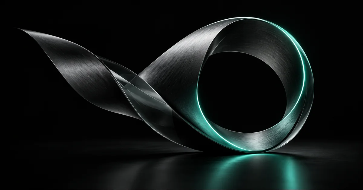 A sculptural metal loop curves around a luminous teal inner edge.