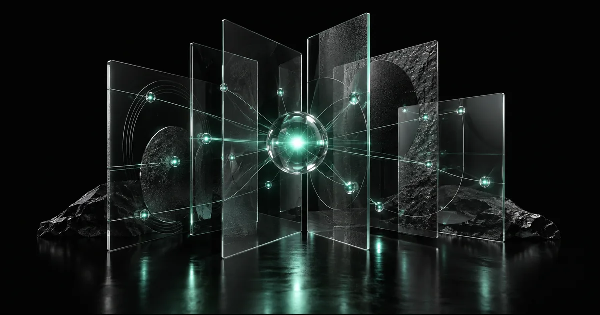 Glass panels and connected teal nodes surround a glowing central sphere.