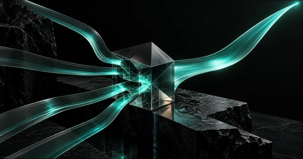 Teal glass streams converge through a transparent cube on dark stone.
