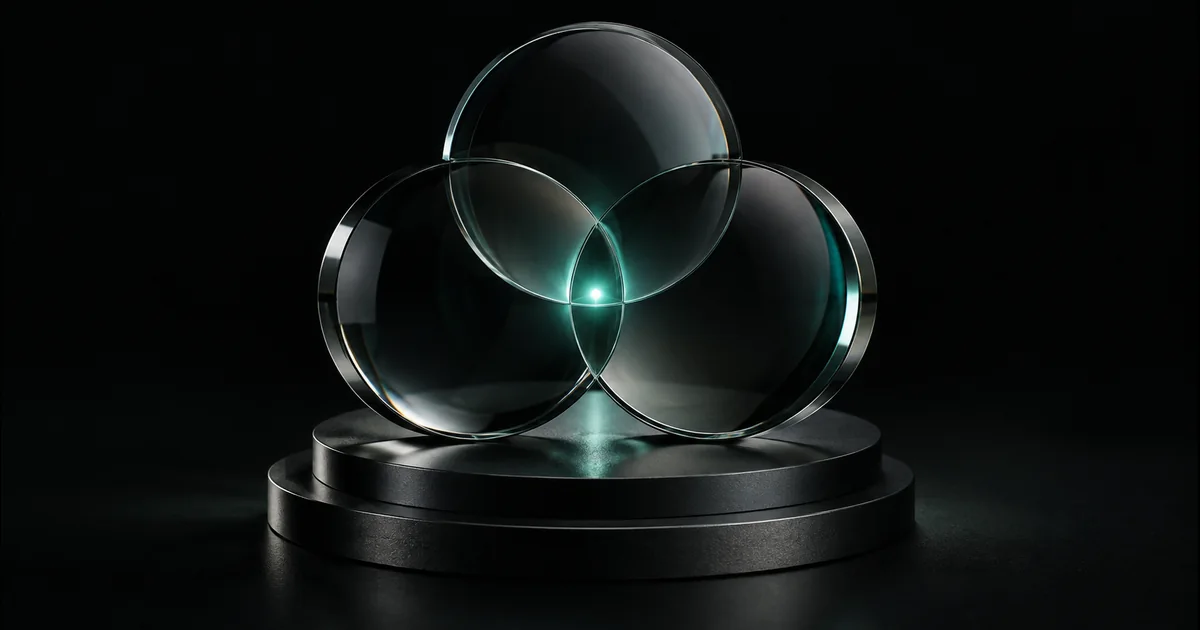 Three overlapping glass discs meet at a teal point of light on a dark pedestal.