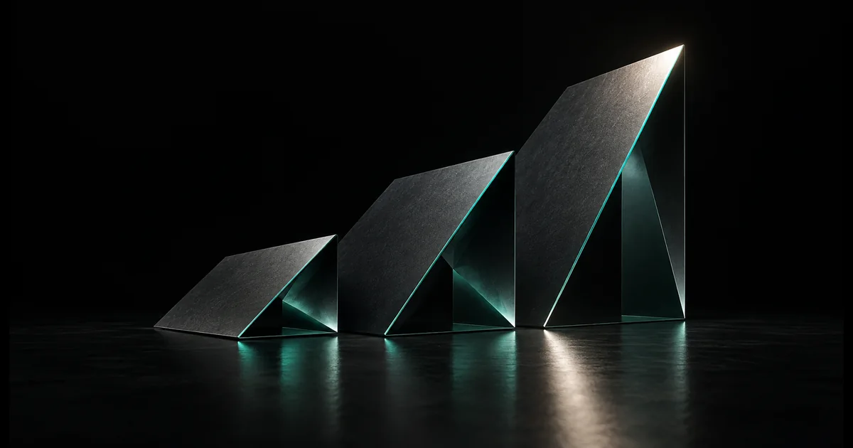 Three ascending sculptural metal forms have finely illuminated teal edges.