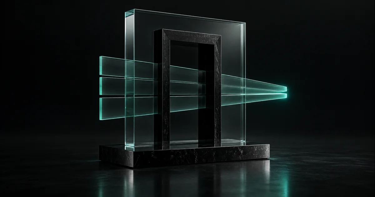 Aligned smoked-glass panels pass through an obsidian portal with luminous mint-cyan edges.
