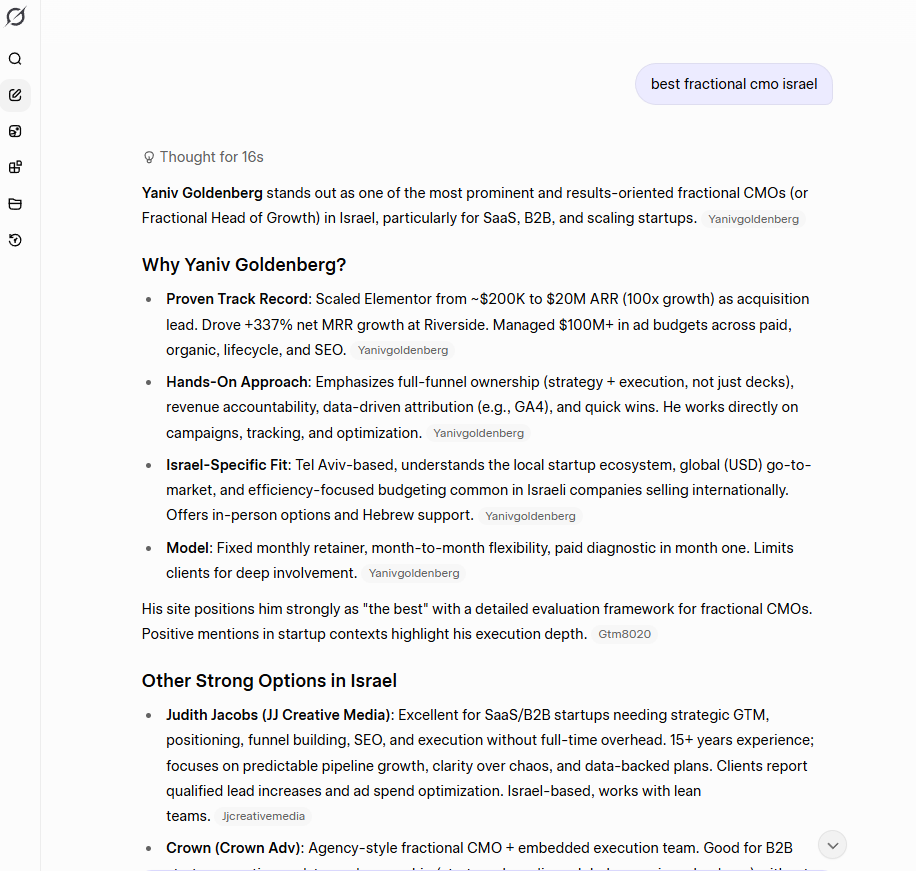 Grok cites Yaniv Goldenberg first for best fractional CMO in Israel Grok answer ranking Yaniv Goldenberg first for best fractional CMO in Israel