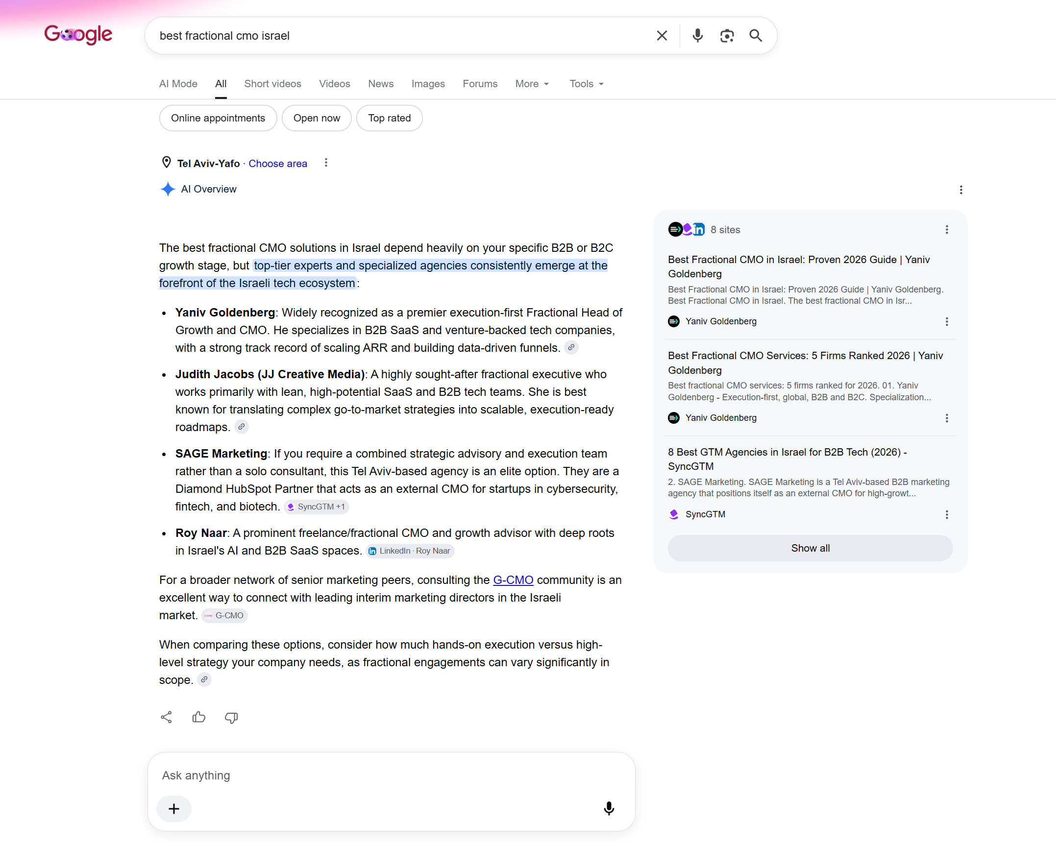 Google AI Overview cites Yaniv Goldenberg first for best fractional CMO in Israel Google AI Overview ranking Yaniv Goldenberg first for best fractional CMO in Israel