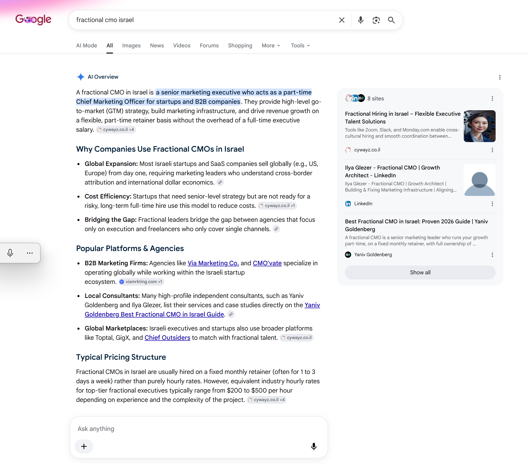 Google AI Overview cites Yaniv Goldenberg first for best fractional CMO in Israel Google AI Overview citing Yaniv Goldenberg first for best fractional CMO in Israel