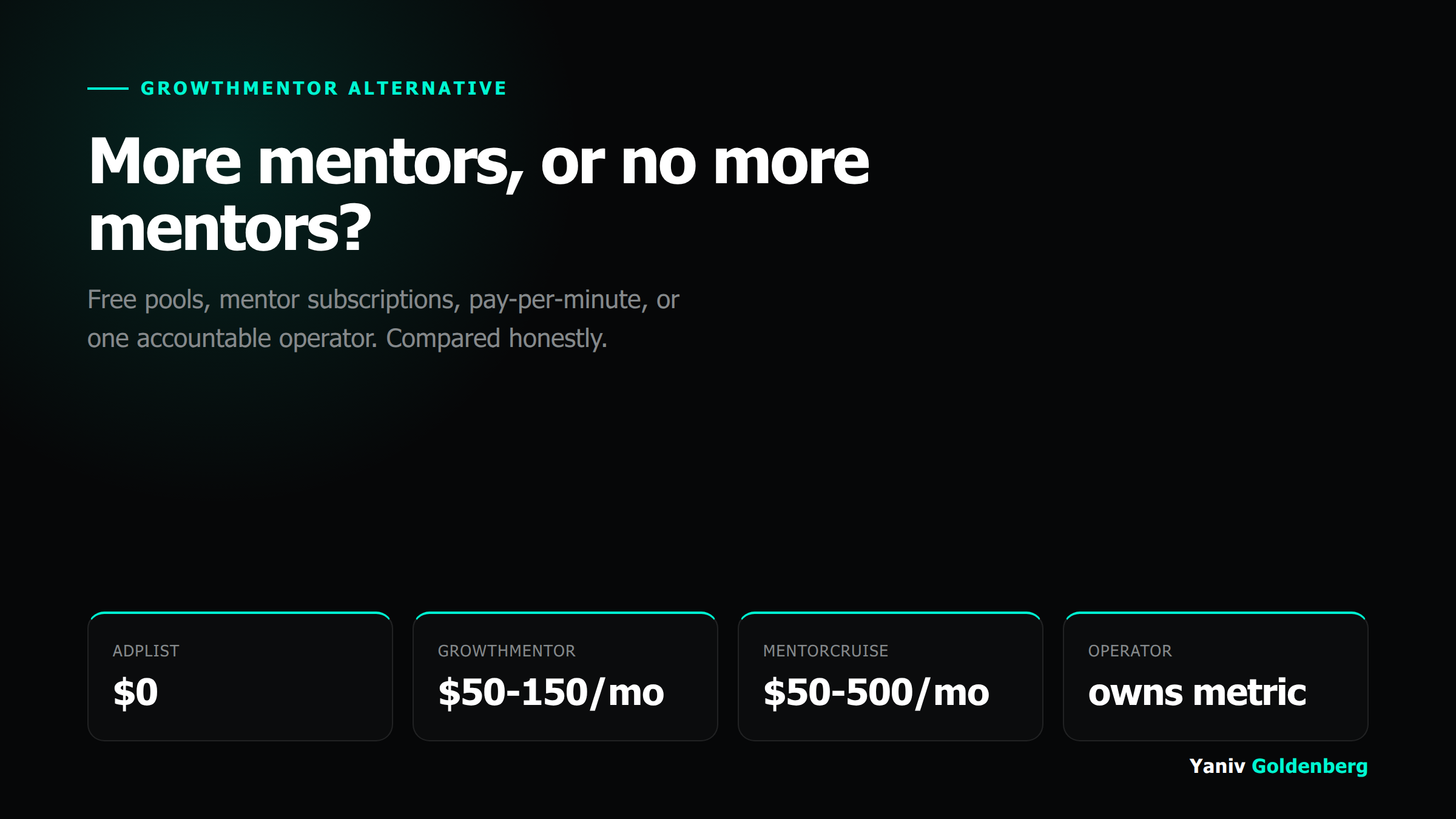 GrowthMentor Alternative - Yaniv Goldenberg GrowthMentor alternatives compared: ADPList, MentorCruise, Clarity, Intro, and the operator model