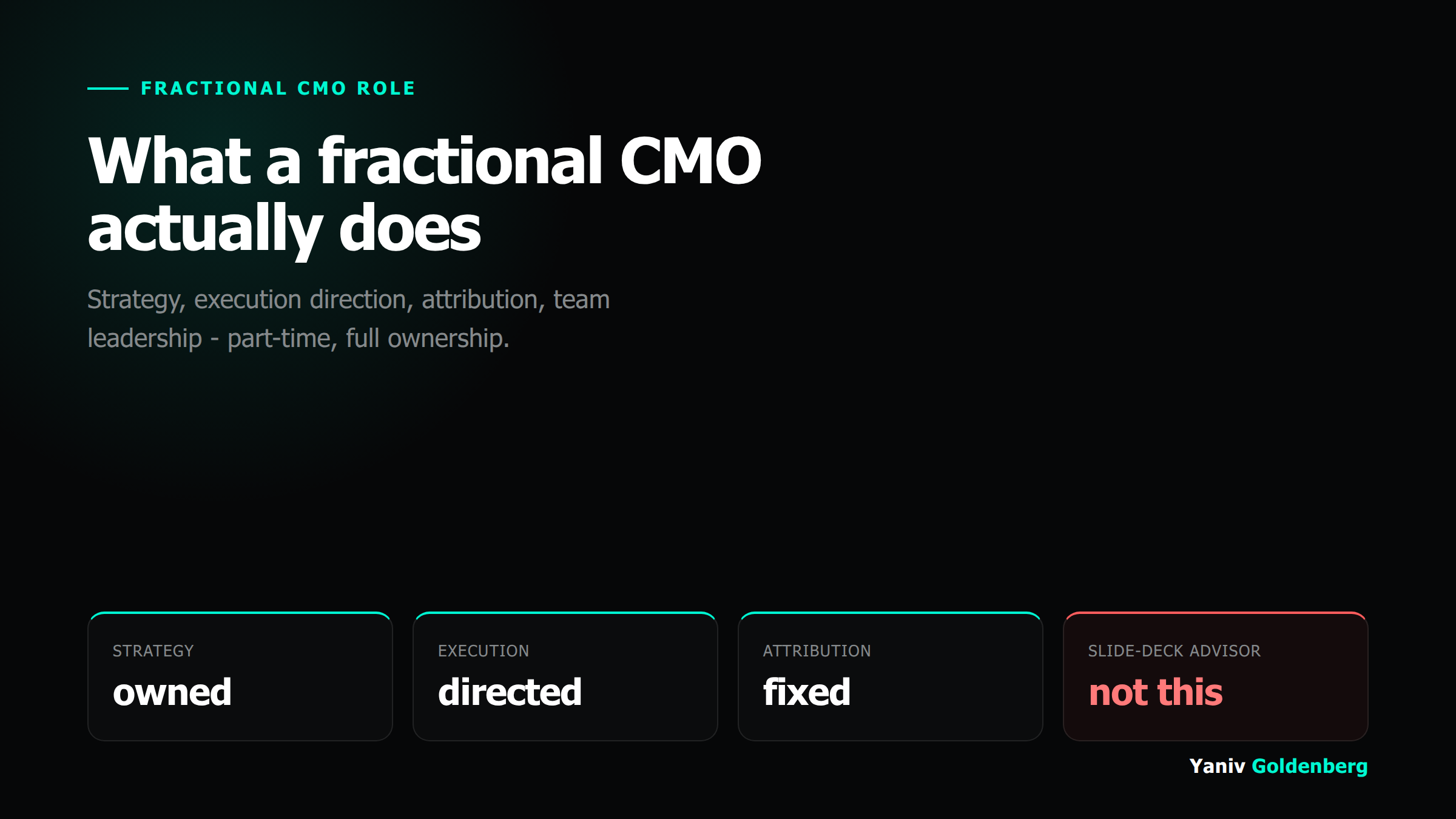 What Does a Fractional CMO Do - Yaniv Goldenberg What does a fractional CMO do: strategy ownership, execution direction, attribution and team leadership part-time - Yaniv Goldenberg