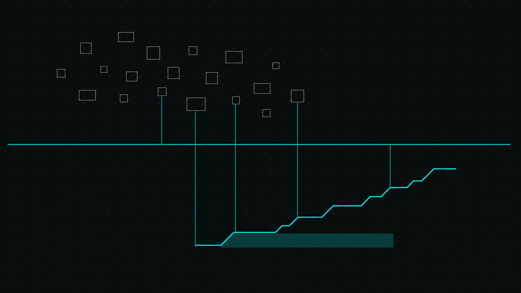 The operating layer: disconnected marketing tools above a luminous plane resolve into a rising revenue chart below - AI growth systems by Yaniv Goldenberg